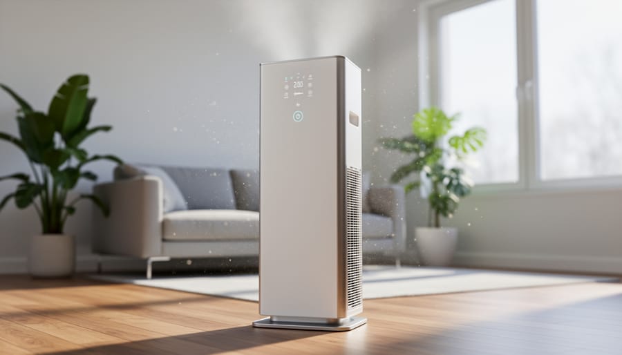 Modern HEPA air purifier operating in clean minimalist home interior