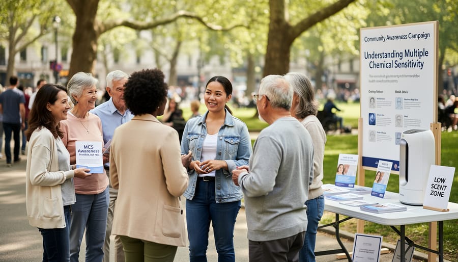 Group of people participating in health awareness campaign with ribbons and educational materials