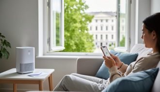 Person with multiple chemical sensitivity resting on a sofa uses a smartphone, with an air purifier and envelope on a side table and a sunlit window showing greenery and a blurred municipal building in the background.