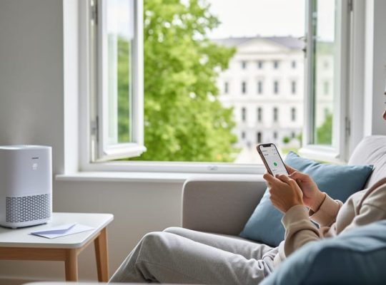 Person with multiple chemical sensitivity resting on a sofa uses a smartphone, with an air purifier and envelope on a side table and a sunlit window showing greenery and a blurred municipal building in the background.