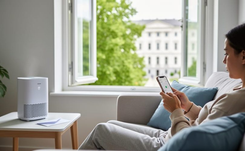 Person with multiple chemical sensitivity resting on a sofa uses a smartphone, with an air purifier and envelope on a side table and a sunlit window showing greenery and a blurred municipal building in the background.