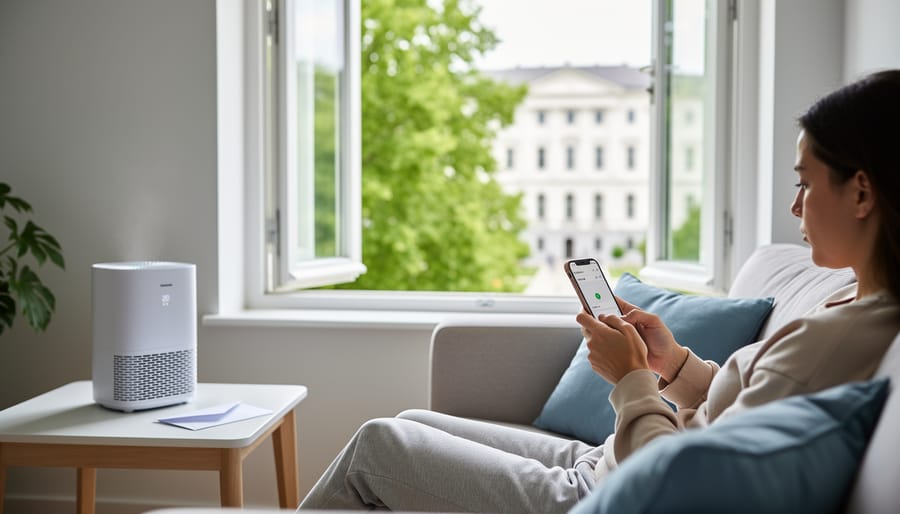 Person with multiple chemical sensitivity resting on a sofa uses a smartphone, with an air purifier and envelope on a side table and a sunlit window showing greenery and a blurred municipal building in the background.