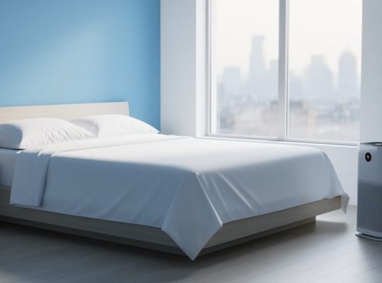 Minimalist bedroom with white encased bedding and a HEPA air purifier next to a low bed, lit by soft morning light; a blurred window reveals a hazy urban skyline, conveying a clean, fragrance-free sanctuary for managing Multiple Chemical Sensitivity.