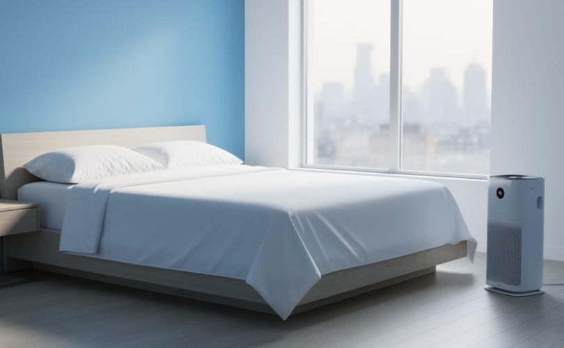 Minimalist bedroom with white encased bedding and a HEPA air purifier next to a low bed, lit by soft morning light; a blurred window reveals a hazy urban skyline, conveying a clean, fragrance-free sanctuary for managing Multiple Chemical Sensitivity.