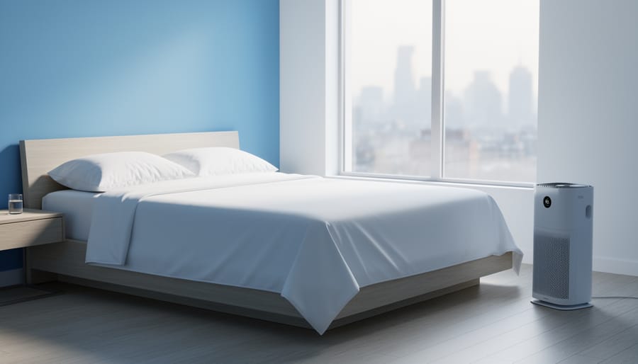 Minimalist bedroom with white encased bedding and a HEPA air purifier next to a low bed, lit by soft morning light; a blurred window reveals a hazy urban skyline, conveying a clean, fragrance-free sanctuary for managing Multiple Chemical Sensitivity.