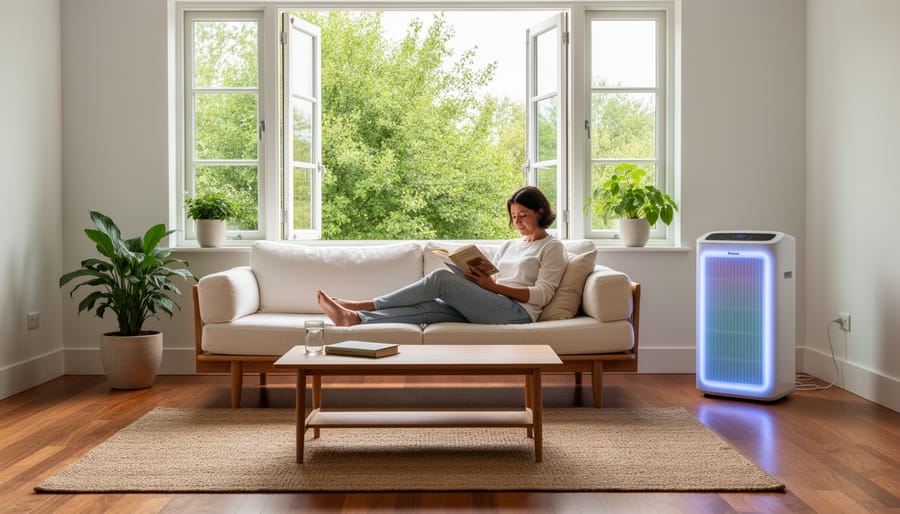 Woman wearing protective mask standing by window in clean, minimalist indoor environment