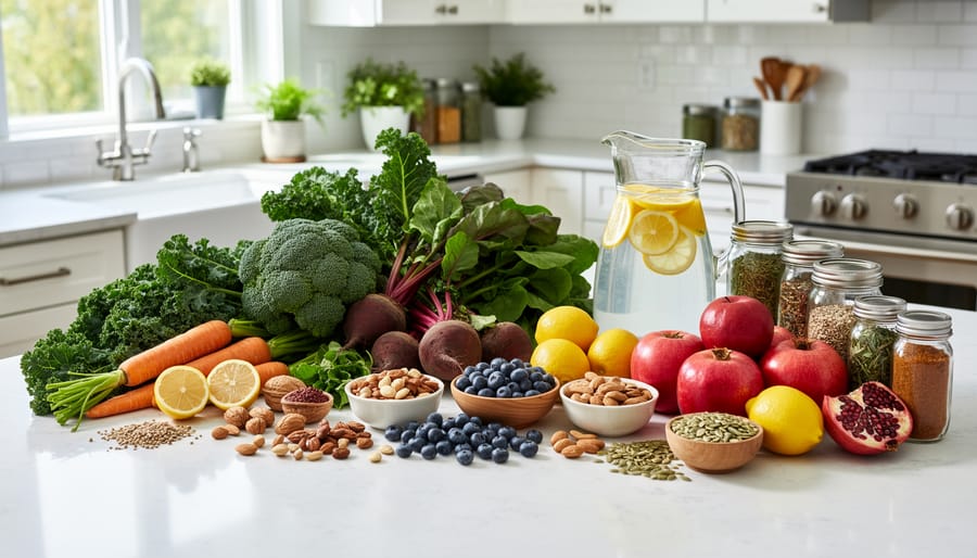Fresh organic vegetables including leafy greens, carrots and cabbage on wooden cutting board