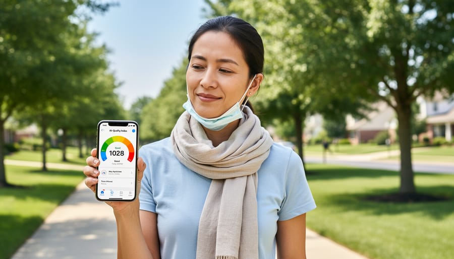 Person checking air quality monitoring app on smartphone in outdoor park setting