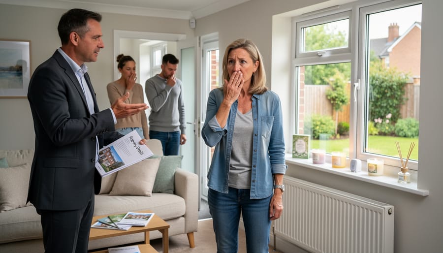A property viewing scene where one person appears cautious about strong odours while approaching an open doorway.