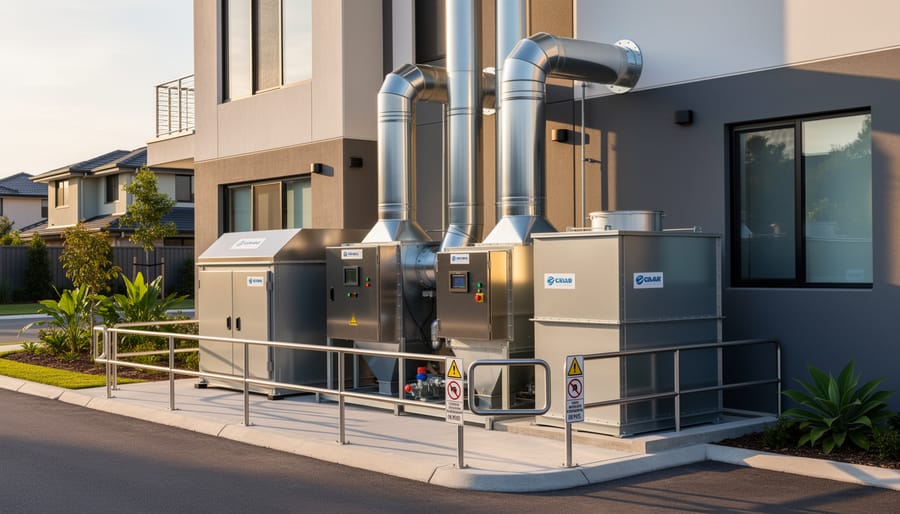 Close view of a modern outdoor wastewater treatment vent pipe and equipment in a residential yard.