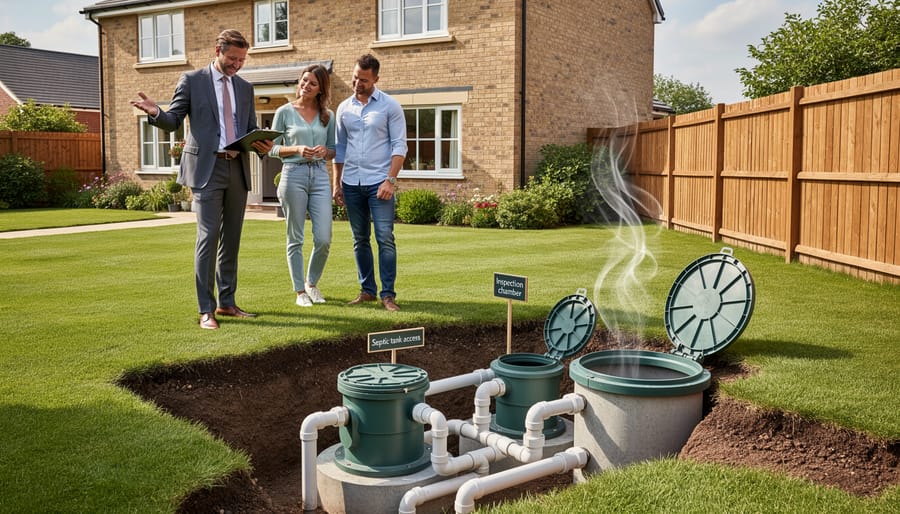 External septic tank inspection cover and surrounding gravel drain area in a garden setting.