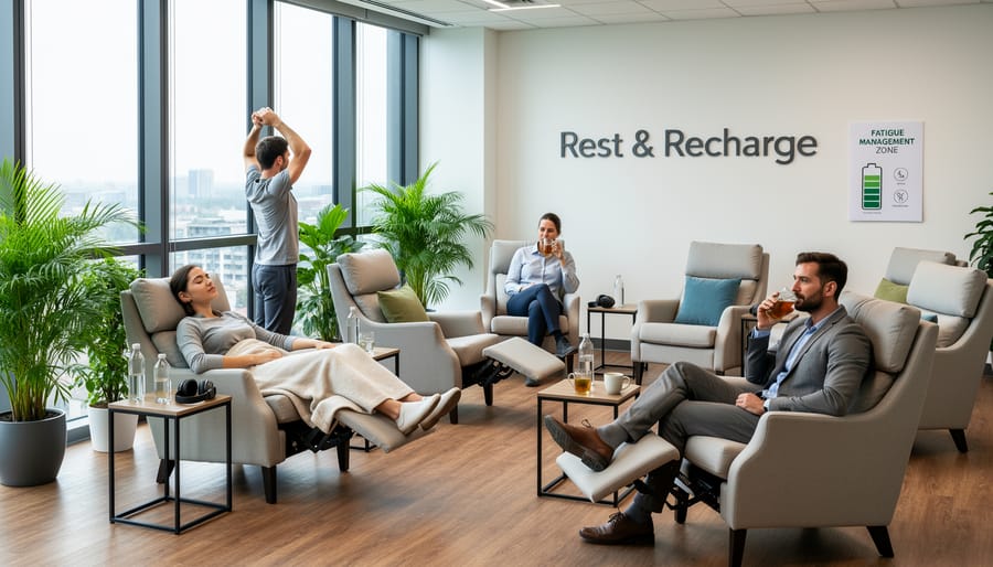 Person resting in a comfortable lounge area inside an office during a break