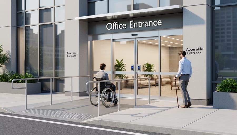 Person using a mobility aid entering a modern office lobby with accessible ramp features