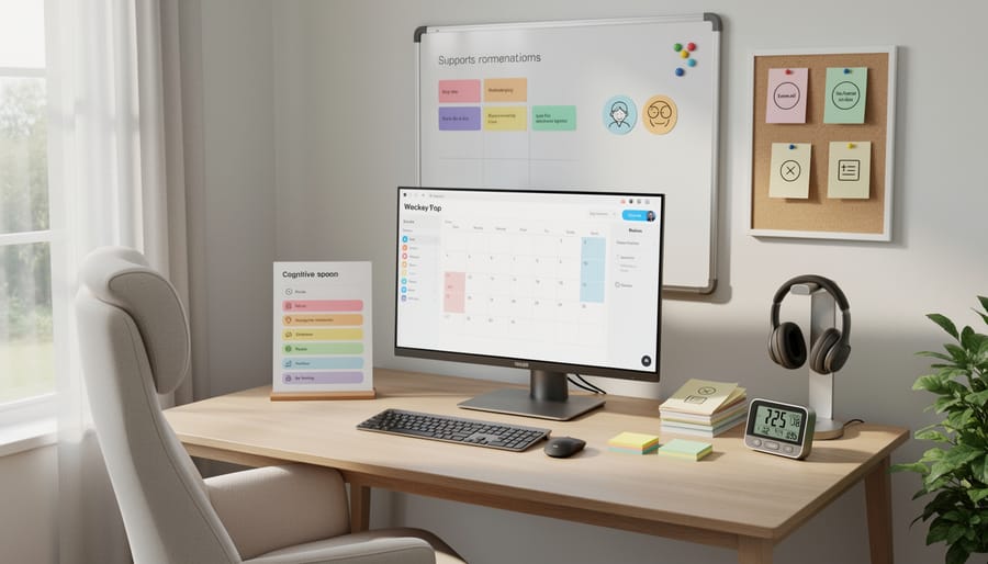 Quiet desk setup with notebook and noise-reducing headphones in a softly lit office