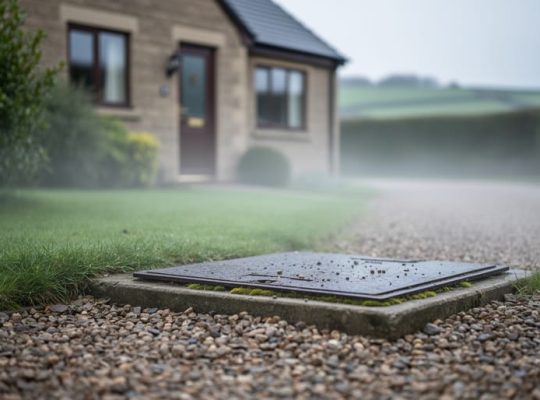 Rural UK house exterior with a concrete septic tank inspection cover near greenery, photographed in soft overcast light to suggest septic odour concerns.
