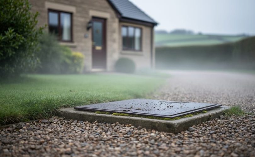 Rural UK house exterior with a concrete septic tank inspection cover near greenery, photographed in soft overcast light to suggest septic odour concerns.