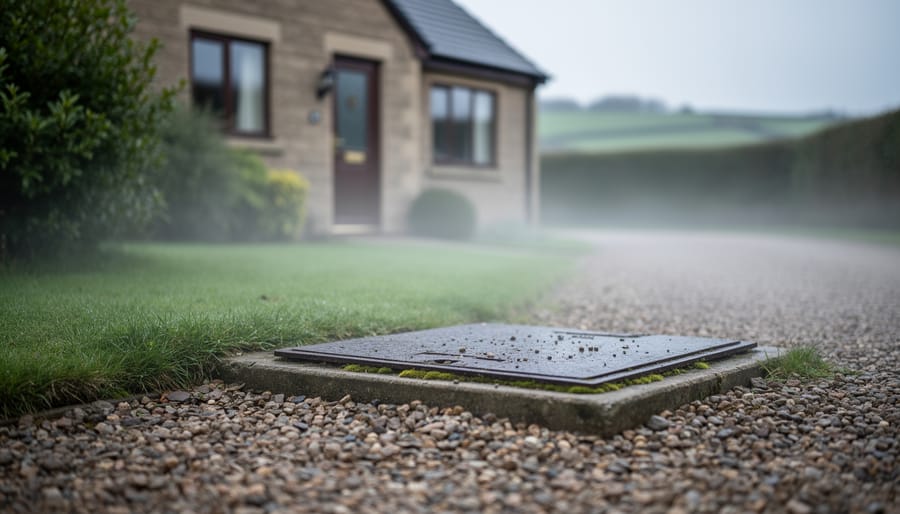 Rural UK house exterior with a concrete septic tank inspection cover near greenery, photographed in soft overcast light to suggest septic odour concerns.