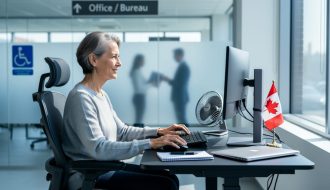 Person seated at an ergonomic office workstation with an adjustable desk setup and a small cooling fan, suggesting workplace accommodations for multiple sclerosis.