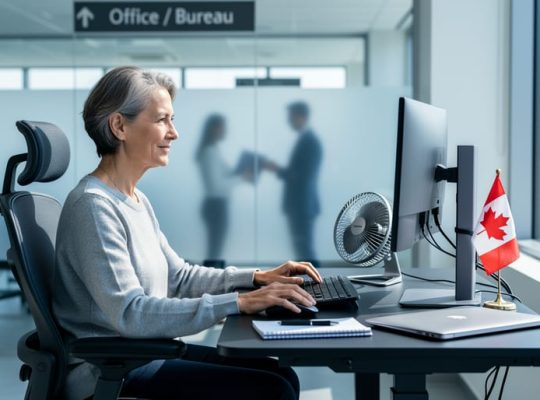 Person seated at an ergonomic office workstation with an adjustable desk setup and a small cooling fan, suggesting workplace accommodations for multiple sclerosis.