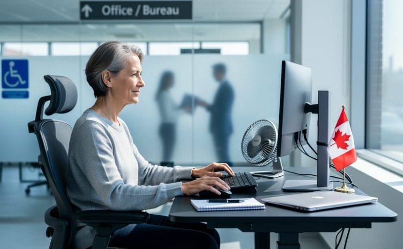 Person seated at an ergonomic office workstation with an adjustable desk setup and a small cooling fan, suggesting workplace accommodations for multiple sclerosis.