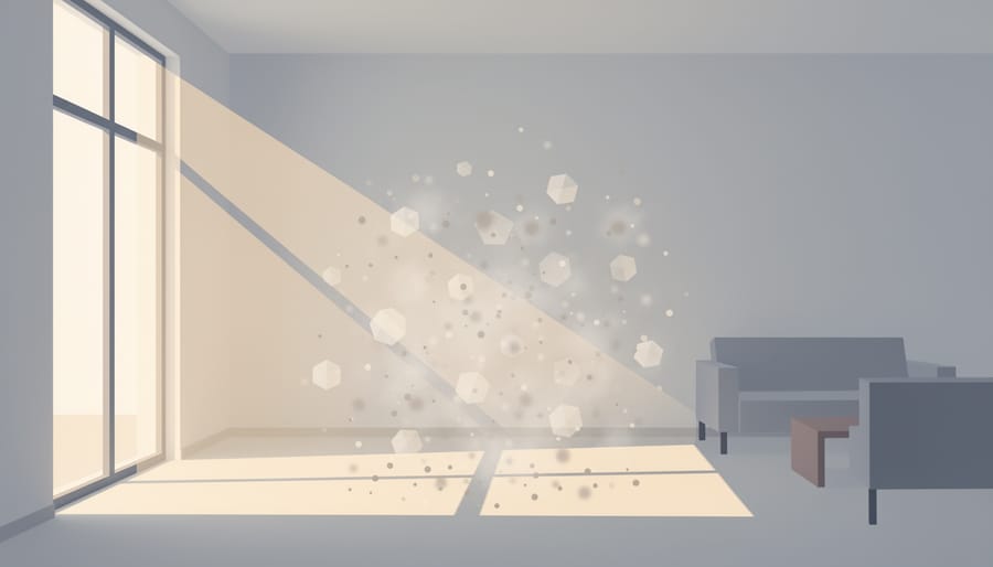 A person in a bedroom with a window light beam showing floating dust particles, illustrating indoor environmental exposure to persistent chemicals.