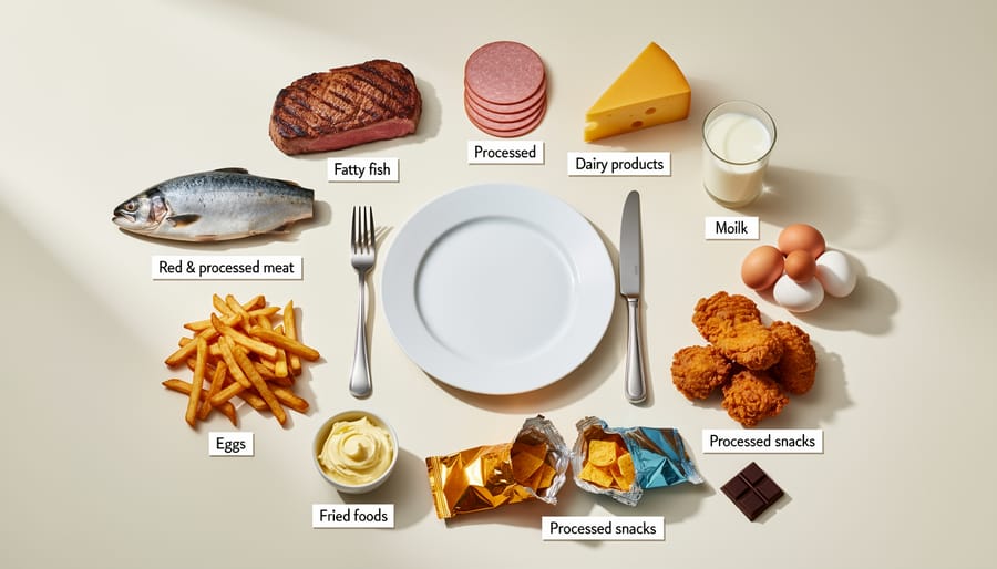 Close-up of household kitchen counter with salmon pieces and packaged meat in soft daylight, representing dietary exposure sources for POPs.
