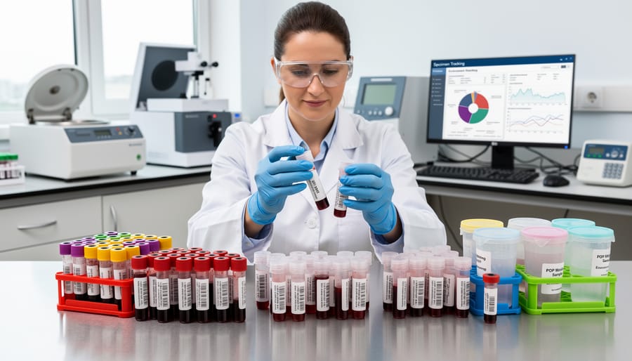 Laboratory bench with nitrile gloves and a rack of clear specimen tubes, suggesting medical or environmental POP monitoring.