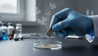 Medical-gloved hand holding a dust sample on a glass slide, with subtle chemical haze suggesting invisible persistent organic pollutant exposure.