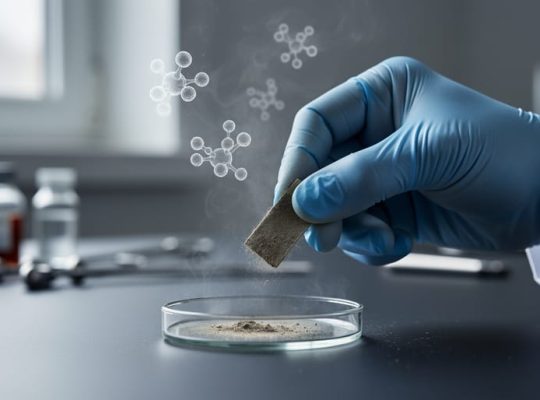 Medical-gloved hand holding a dust sample on a glass slide, with subtle chemical haze suggesting invisible persistent organic pollutant exposure.