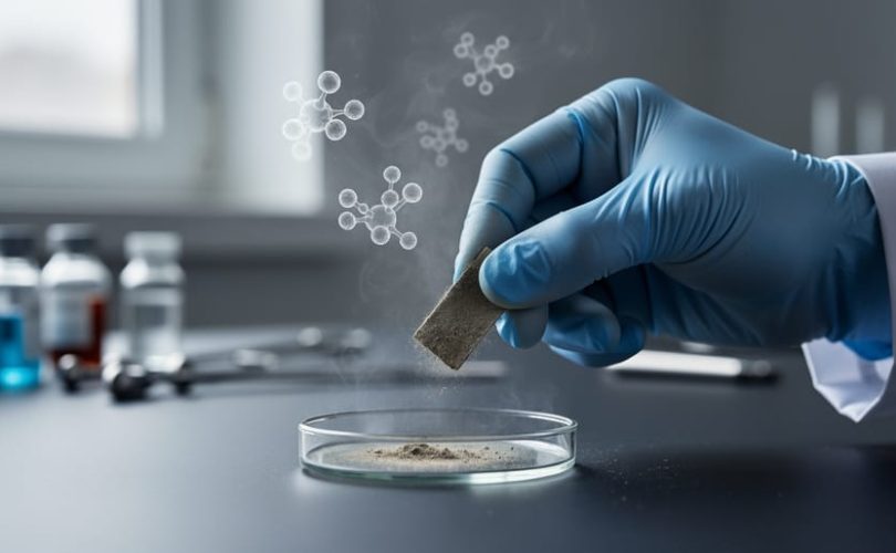 Medical-gloved hand holding a dust sample on a glass slide, with subtle chemical haze suggesting invisible persistent organic pollutant exposure.
