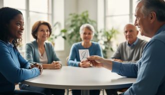 Diverse group of adults meeting in a calm indoor circle for community support, with a non-fragranced care kit being offered on a table, symbolizing assistance for people living with multiple chemical sensitivities.