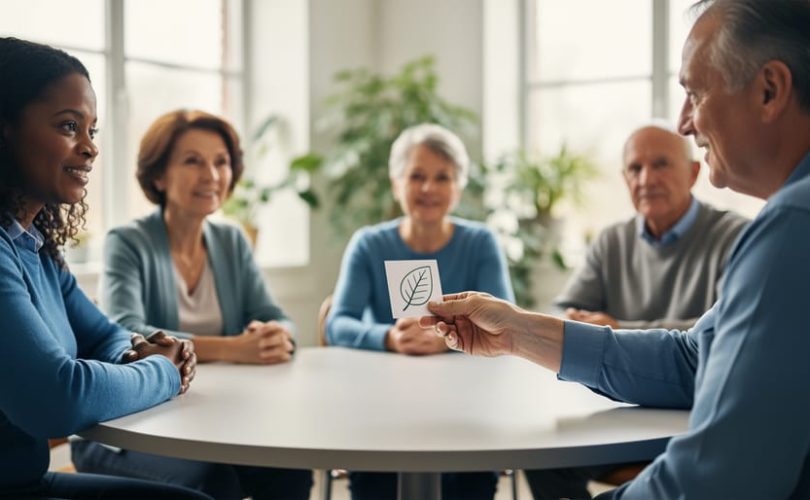 Diverse group of adults meeting in a calm indoor circle for community support, with a non-fragranced care kit being offered on a table, symbolizing assistance for people living with multiple chemical sensitivities.