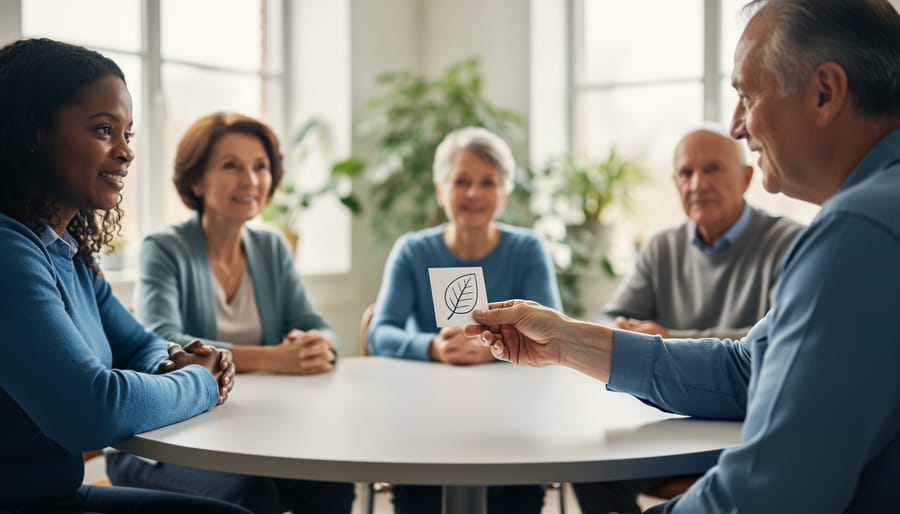 Diverse group of adults meeting in a calm indoor circle for community support, with a non-fragranced care kit being offered on a table, symbolizing assistance for people living with multiple chemical sensitivities.