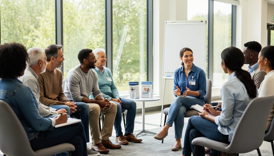 People in a fragrance-free community meeting room sitting in a supportive circle and talking.