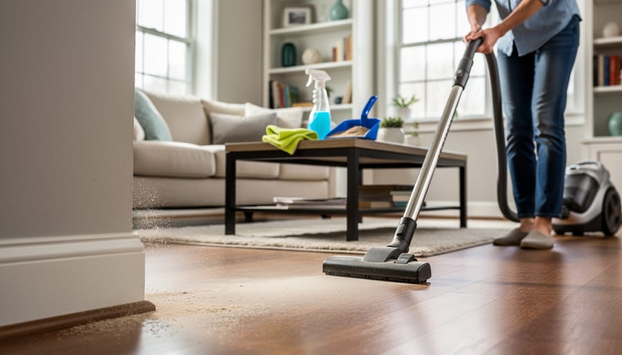 Vacuum cleaner and open window in a living room with light revealing dust near the baseboard.