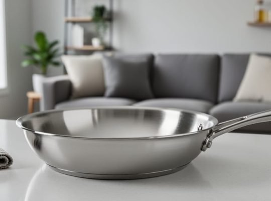 Close-up of a stainless frying pan and nearby upholstered sofa fabric in a bright home interior, representing everyday contact points for persistent organic pollutants.