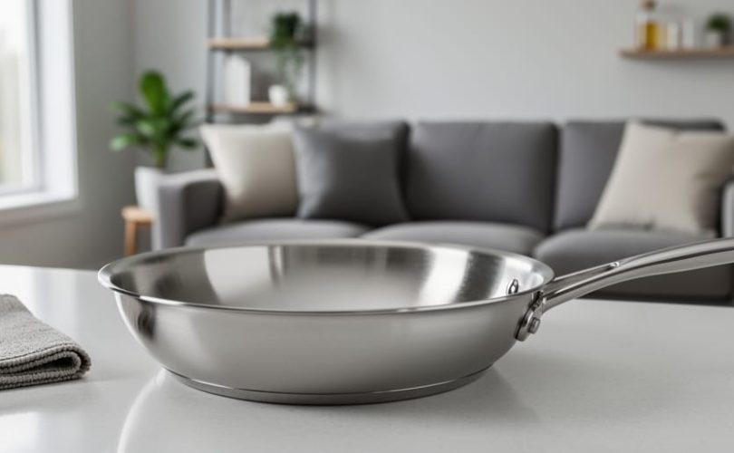 Close-up of a stainless frying pan and nearby upholstered sofa fabric in a bright home interior, representing everyday contact points for persistent organic pollutants.