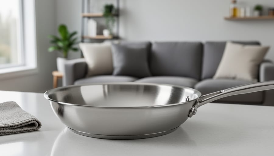 Close-up of a stainless frying pan and nearby upholstered sofa fabric in a bright home interior, representing everyday contact points for persistent organic pollutants.