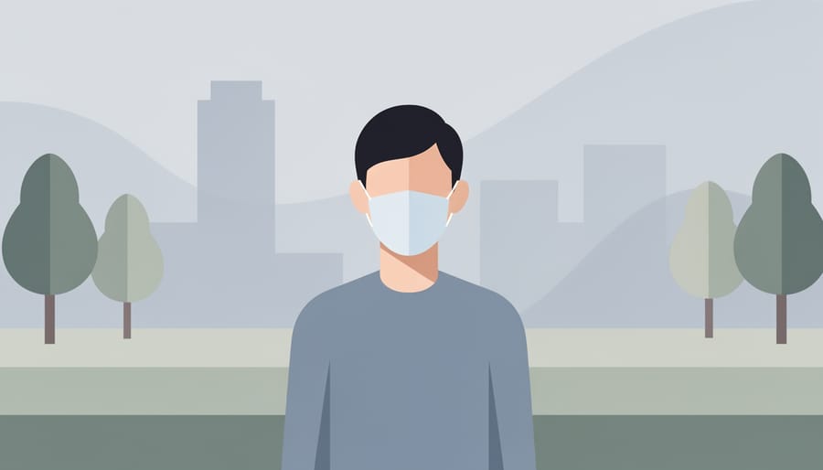 Person wearing a breathing mask walking near evergreen trees during golden hour.
