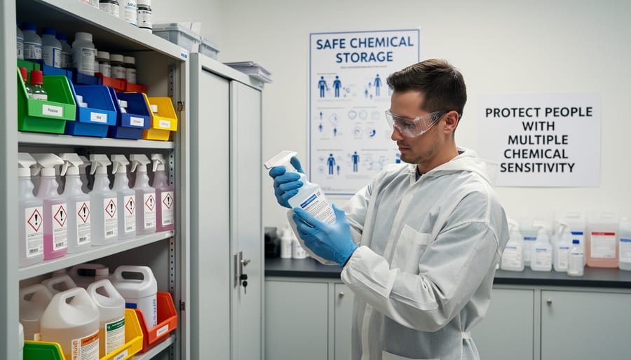Worker standing near sealed cleaning supply containers in an office storage closet
