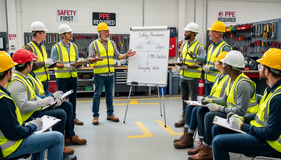 Office team wearing disposable gloves while reviewing workplace safety documents at a meeting table