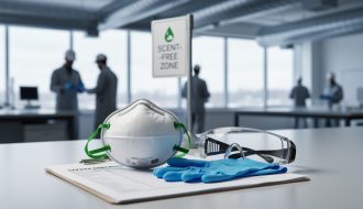 Workplace PPE kit with respirator, gloves, and goggles on a safety clipboard in a modern office environment, with blurred coworkers and ventilation in the background.