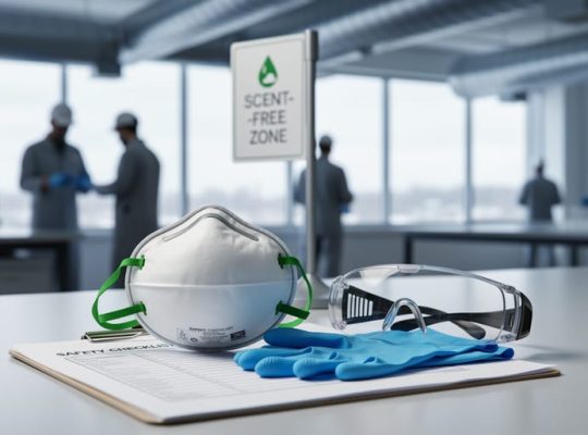 Workplace PPE kit with respirator, gloves, and goggles on a safety clipboard in a modern office environment, with blurred coworkers and ventilation in the background.