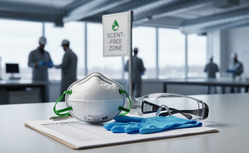 Workplace PPE kit with respirator, gloves, and goggles on a safety clipboard in a modern office environment, with blurred coworkers and ventilation in the background.