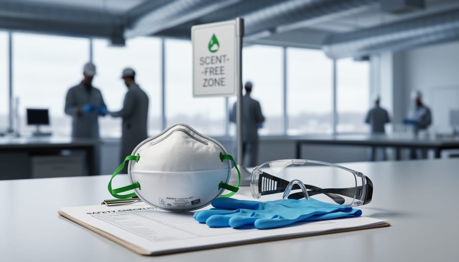 Workplace PPE kit with respirator, gloves, and goggles on a safety clipboard in a modern office environment, with blurred coworkers and ventilation in the background.